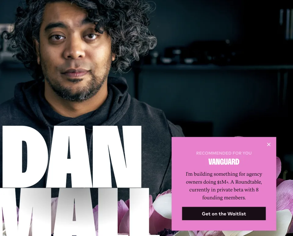 Dan Mall's homepage with a recommended offer for agency owners