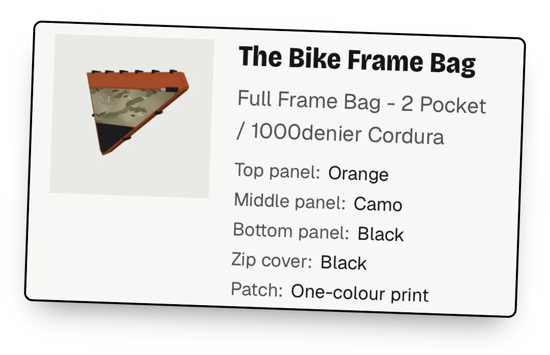The cart: a picture of the rider’s frame bag in orange, camo and black, with the style, fabric and each panel colour listed